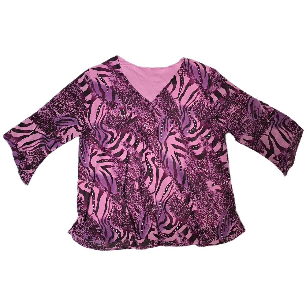 Mixed Animal Print Blouse Women 2XL Purple Excellent Rhinestone V-Neck (U)